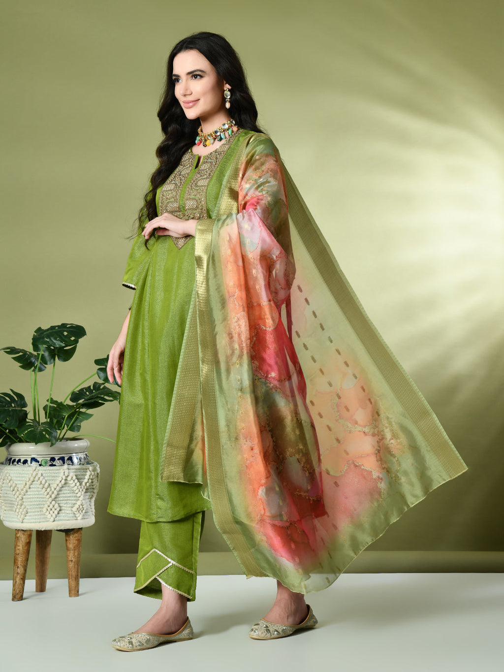 Myshka Women's Embroidered Keyhole Neck Bell Sleeves Kurta & Palazzos With Dupatta Sets in Green Color