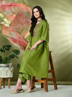 Myshka Women's Embroidered Keyhole Neck Bell Sleeves Kurta & Palazzos With Dupatta Sets in Green Color