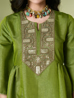 Myshka Women's Embroidered Keyhole Neck Bell Sleeves Kurta & Palazzos With Dupatta Sets in Green Color
