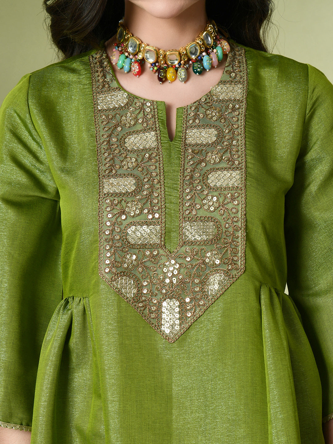 Myshka Women's Embroidered Keyhole Neck Bell Sleeves Kurta & Palazzos With Dupatta Sets in Green Color