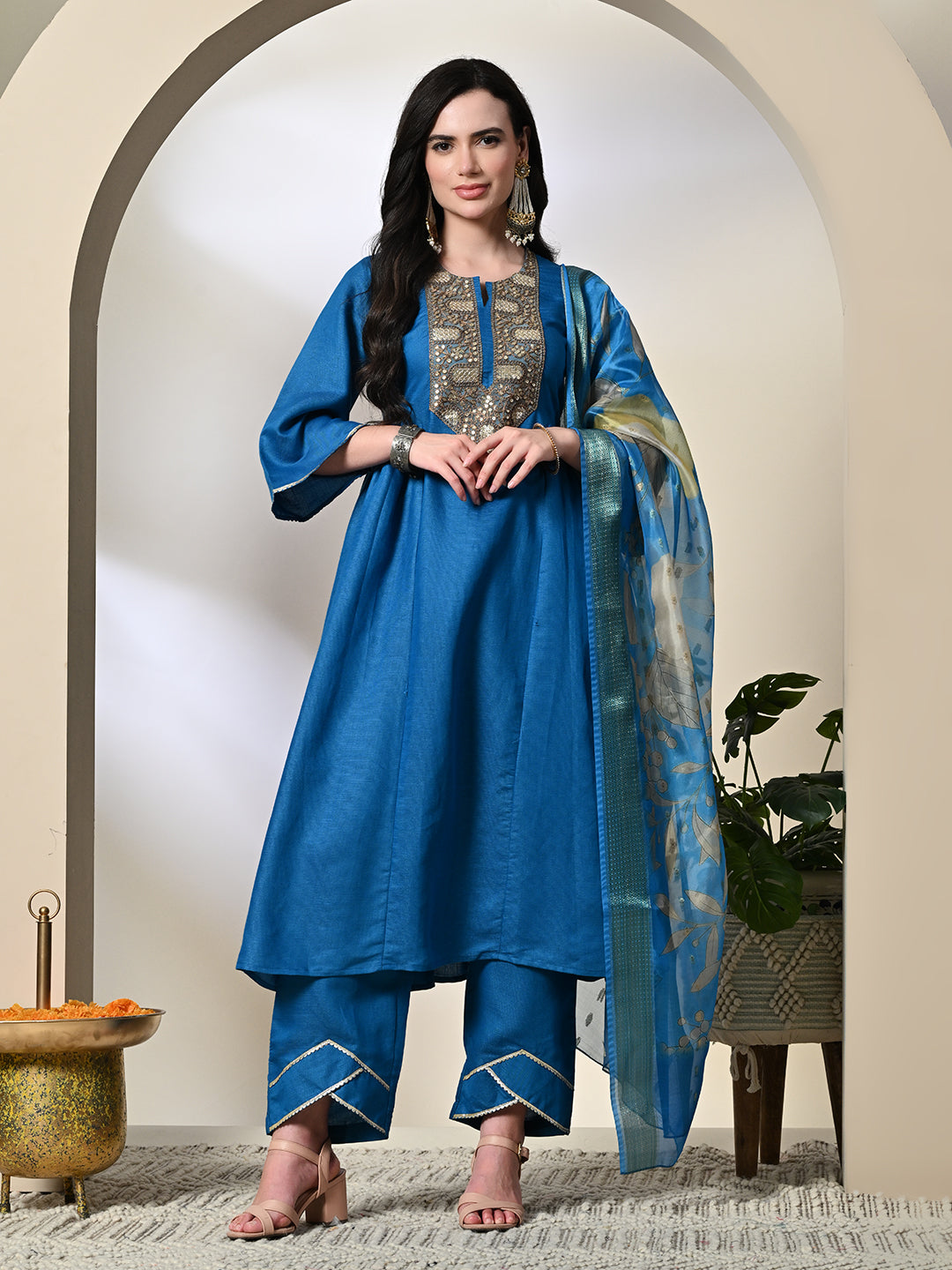 Myshka Women's Embroidered Keyhole Neck Bell Sleeves Kurta & Palazzos With Dupatta Sets in Blue Color