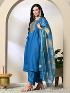 Myshka Women's Embroidered Keyhole Neck Bell Sleeves Kurta & Palazzos With Dupatta Sets in Blue Color