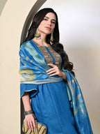 Myshka Women's Embroidered Keyhole Neck Bell Sleeves Kurta & Palazzos With Dupatta Sets in Blue Color