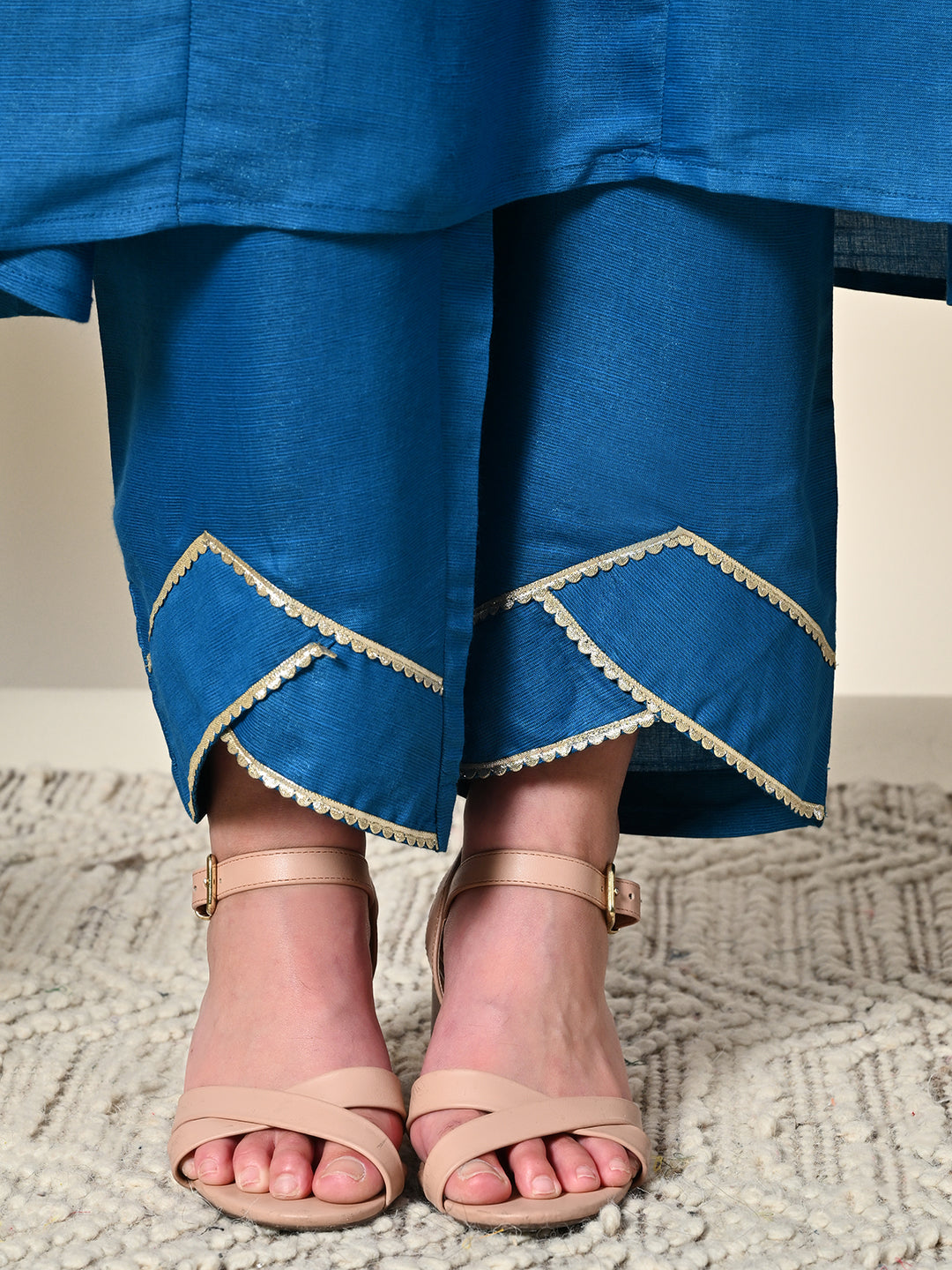 Myshka Women's Embroidered Keyhole Neck Bell Sleeves Kurta & Palazzos With Dupatta Sets in Blue Color