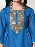 Myshka Women's Embroidered Keyhole Neck Bell Sleeves Kurta & Palazzos With Dupatta Sets in Blue Color