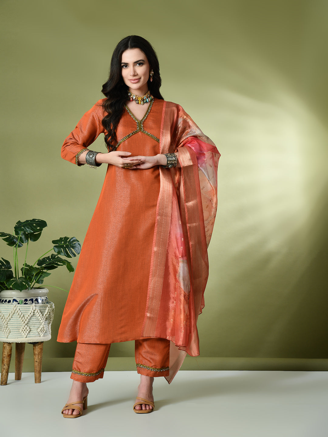 Myshka Women's Solid V-Neck Regular Sleeves Kurta & Palazzos With Dupatta Sets in Orange Color