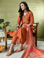 Myshka Women's Solid V-Neck Regular Sleeves Kurta & Palazzos With Dupatta Sets in Orange Color