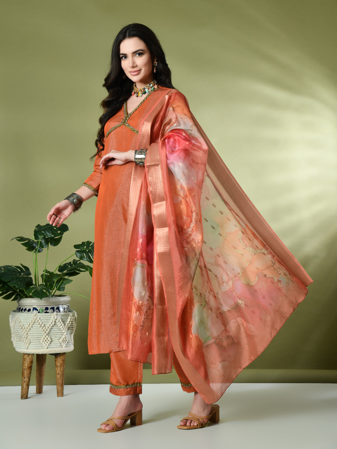 Myshka Women's Solid V-Neck Regular Sleeves Kurta & Palazzos With Dupatta Sets in Orange Color