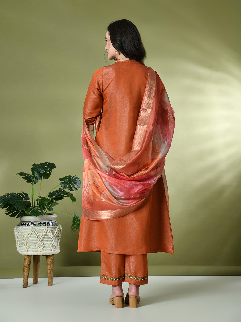 Myshka Women's Solid V-Neck Regular Sleeves Kurta & Palazzos With Dupatta Sets in Orange Color