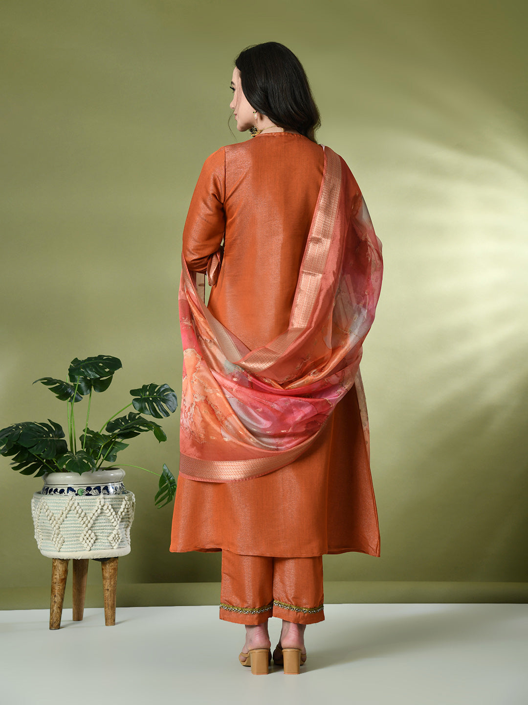 Myshka Women's Solid V-Neck Regular Sleeves Kurta & Palazzos With Dupatta Sets in Orange Color