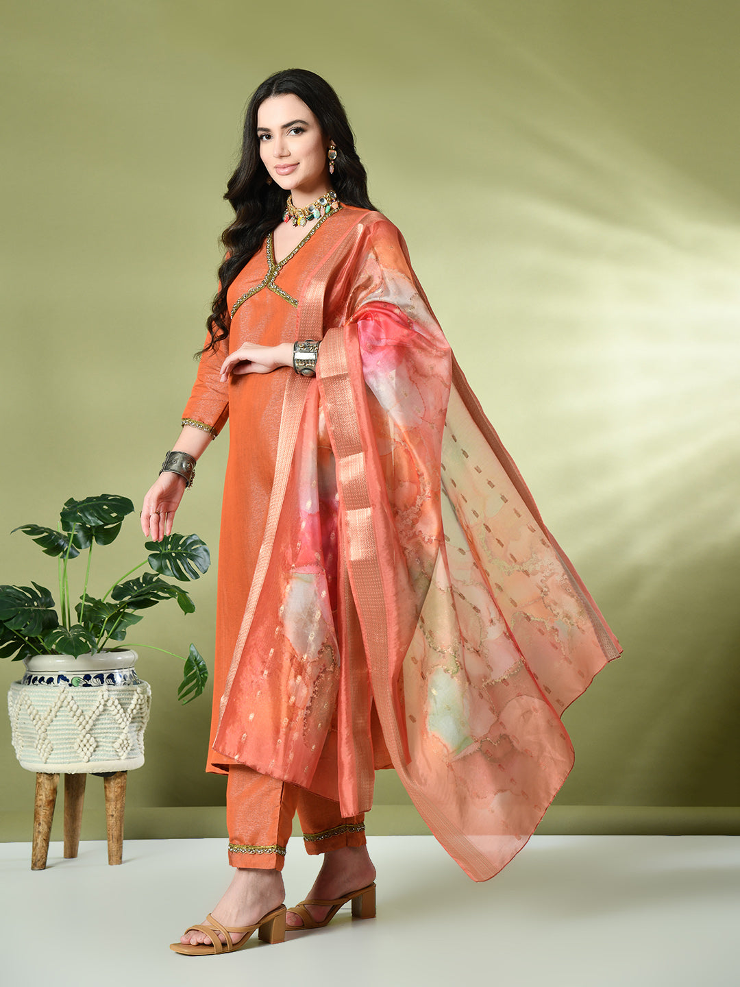 Myshka Women's Solid V-Neck Regular Sleeves Kurta & Palazzos With Dupatta Sets in Orange Color