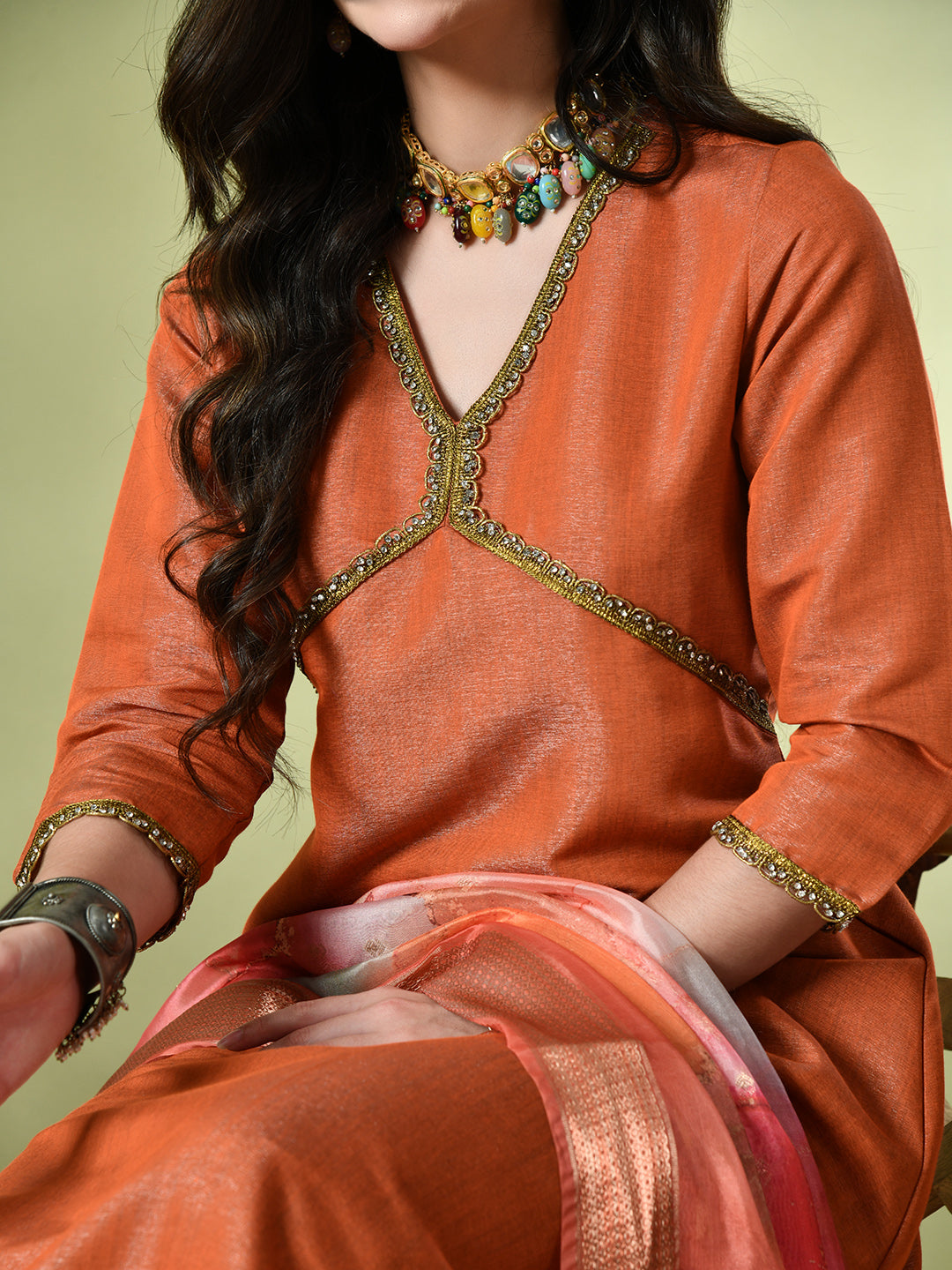 Myshka Women's Solid V-Neck Regular Sleeves Kurta & Palazzos With Dupatta Sets in Orange Color