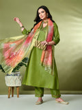 Myshka Women's Solid V-Neck Regular Sleeves Kurta & Palazzos With Dupatta Sets in Green Color