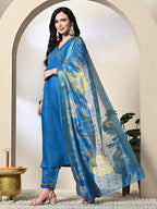 Myshka Women's Solid V-Neck Regular Sleeves Kurta & Palazzos With Dupatta Sets in Blue Color