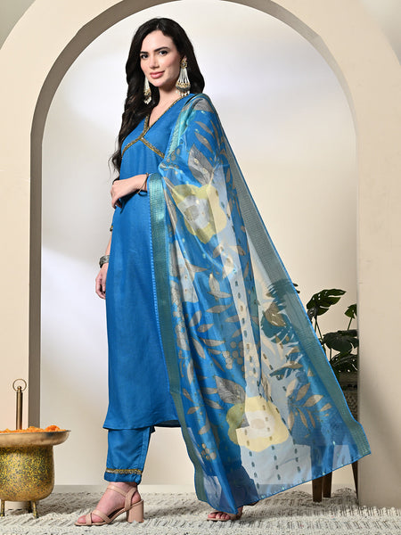Myshka Women's Solid V-Neck Regular Sleeves Kurta & Palazzos With Dupatta Sets in Blue Color
