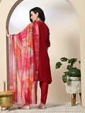 Myshka Women's Solid V-Neck Bell Sleeves Kurta & Dhoti Pants With Printed Dupatta Sets in Red Color