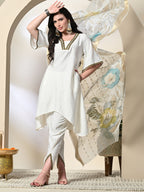 Myshka Women's Solid V-Neck Bell Sleeves Kurta & Dhoti Pants With Printed Dupatta Sets in White Color