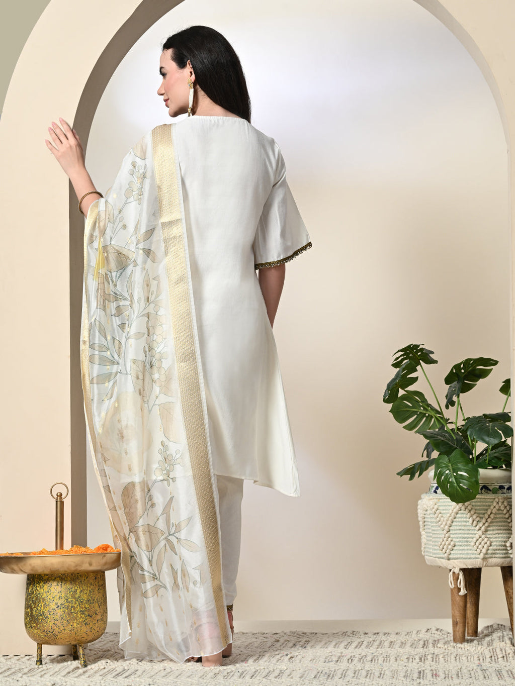 Myshka Women's Solid V-Neck Bell Sleeves Kurta & Dhoti Pants With Printed Dupatta Sets in White Color