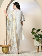 Myshka Women's Solid V-Neck Bell Sleeves Kurta & Dhoti Pants With Printed Dupatta Sets in White Color
