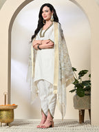 Myshka Women's Solid V-Neck Bell Sleeves Kurta & Dhoti Pants With Printed Dupatta Sets in White Color