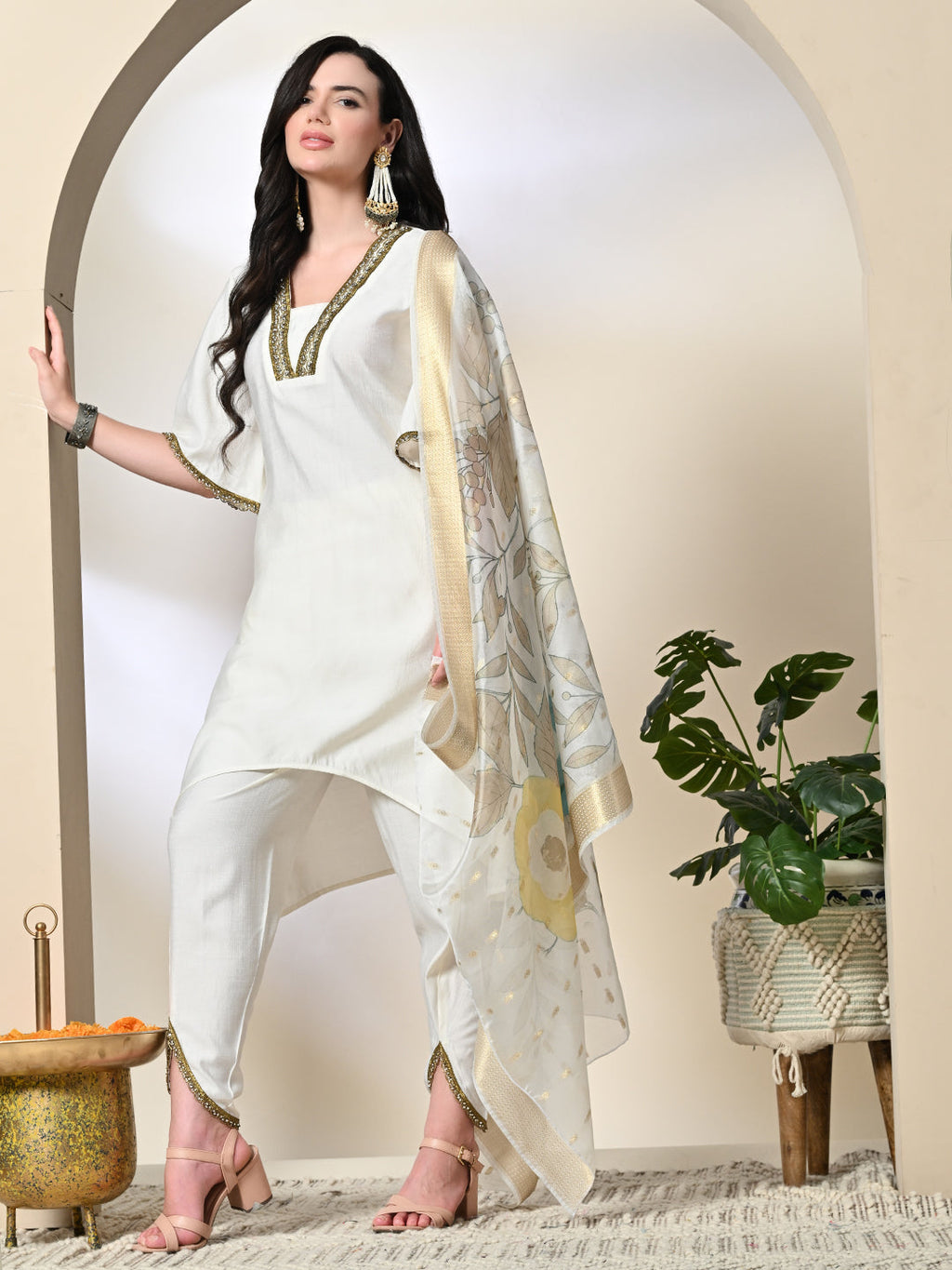 Myshka Women's Solid V-Neck Bell Sleeves Kurta & Dhoti Pants With Printed Dupatta Sets in White Color