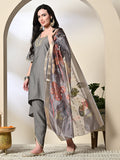 Myshka Women's Solid V-Neck Bell Sleeves Kurta & Dhoti Pants With Printed Dupatta Sets in Grey Color