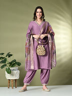 Myshka Women's Embroidered V-Neck Bell Sleeves Kurta & Salwar With Printed Dupatta Sets in Lavender Color