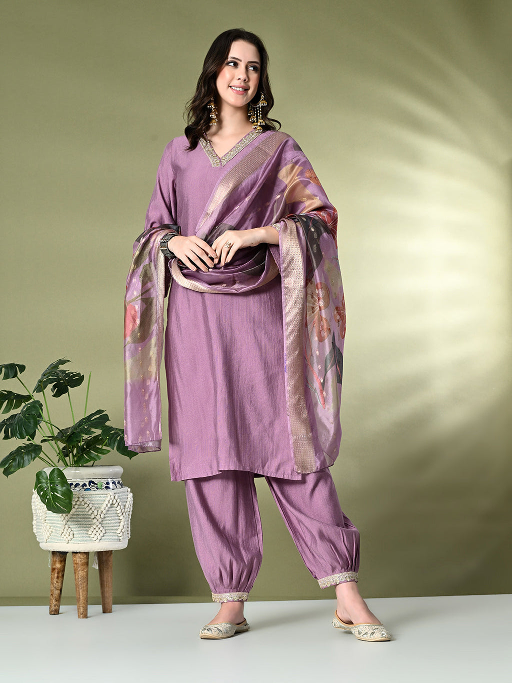 Myshka Women's Embroidered V-Neck Bell Sleeves Kurta & Salwar With Printed Dupatta Sets in Lavender Color