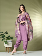 Myshka Women's Embroidered V-Neck Bell Sleeves Kurta & Salwar With Printed Dupatta Sets in Lavender Color