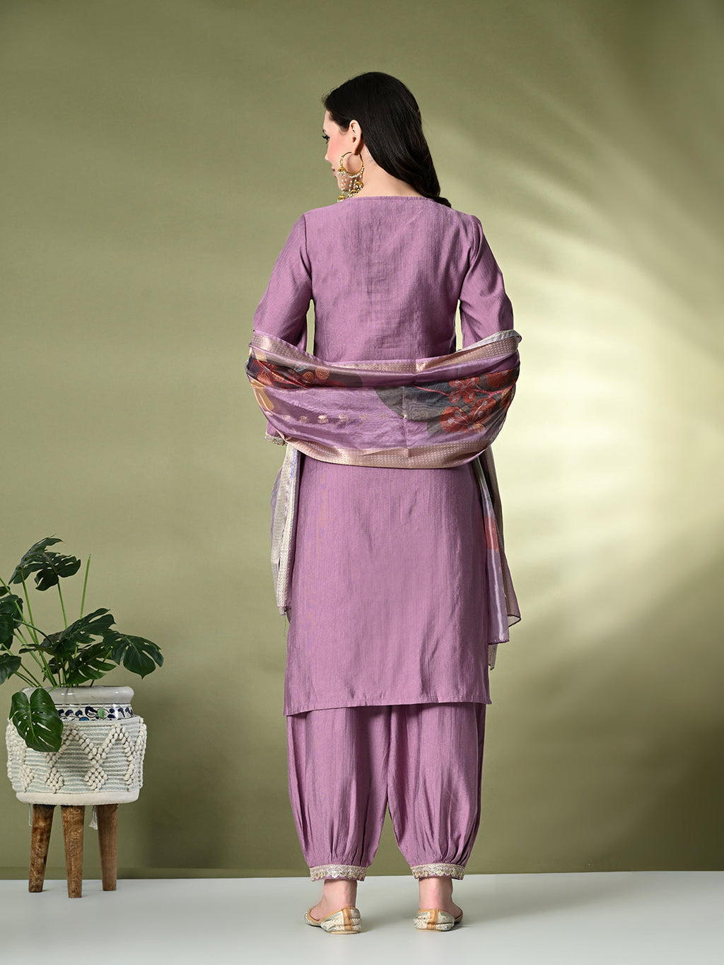 Myshka Women's Embroidered V-Neck Bell Sleeves Kurta & Salwar With Printed Dupatta Sets in Lavender Color