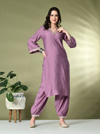 Myshka Women's Embroidered V-Neck Bell Sleeves Kurta & Salwar With Printed Dupatta Sets in Lavender Color