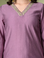 Myshka Women's Embroidered V-Neck Bell Sleeves Kurta & Salwar With Printed Dupatta Sets in Lavender Color
