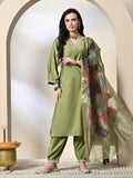 Myshka Women's Embroidered V-Neck Bell Sleeves Kurta & Salwar With Printed Dupatta Sets in Green Color