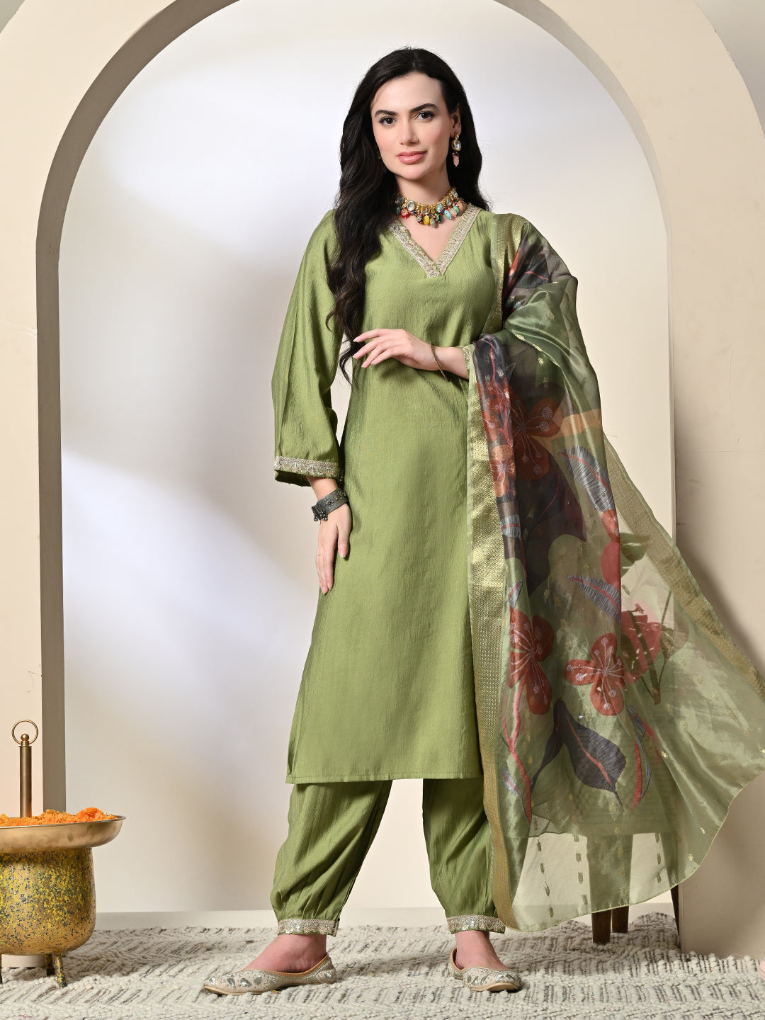 Myshka Women's Embroidered V-Neck Bell Sleeves Kurta & Salwar With Printed Dupatta Sets in Green Color