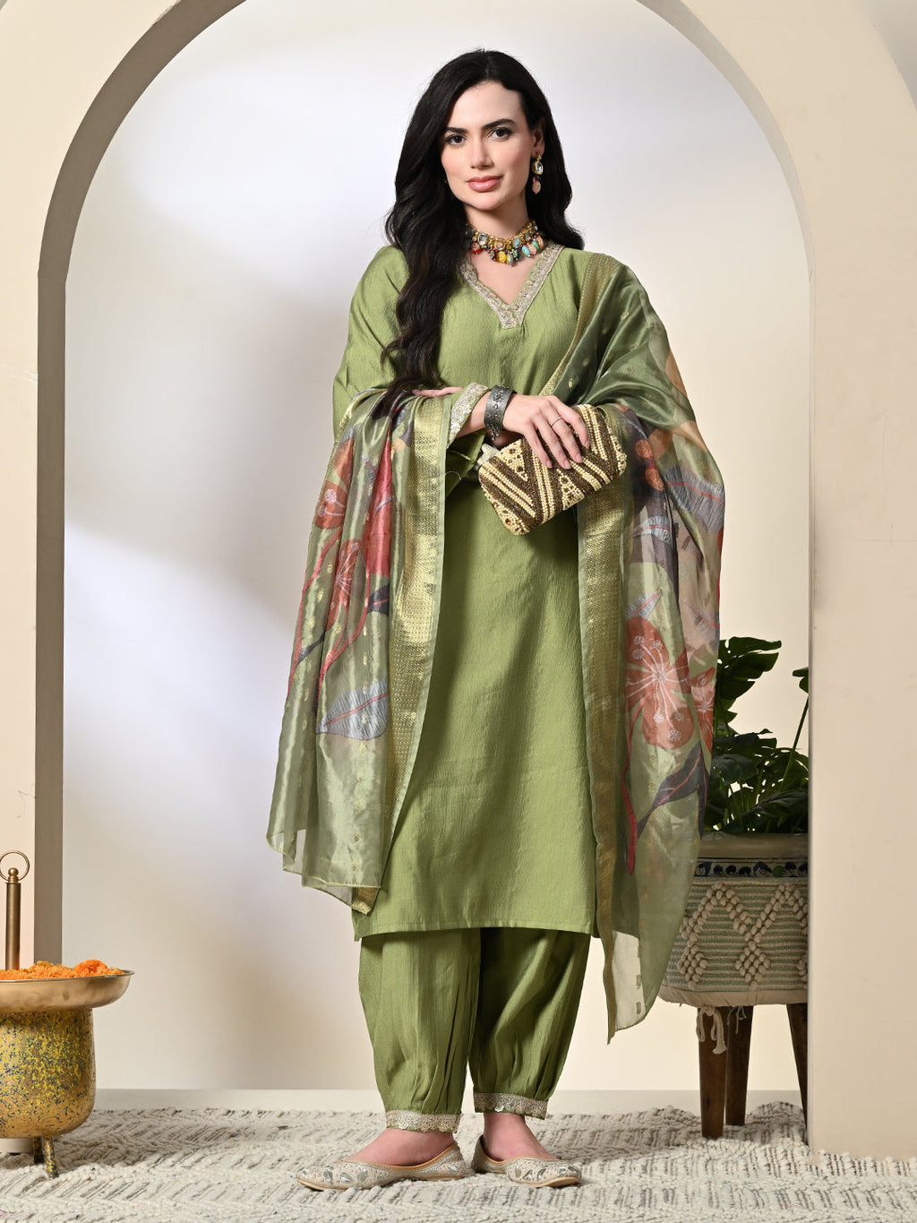 Myshka Women's Embroidered V-Neck Bell Sleeves Kurta & Salwar With Printed Dupatta Sets in Green Color