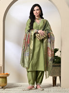 Myshka Women's Embroidered V-Neck Bell Sleeves Kurta & Salwar With Printed Dupatta Sets in Green Color
