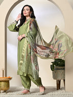 Myshka Women's Embroidered V-Neck Bell Sleeves Kurta & Salwar With Printed Dupatta Sets in Green Color