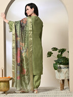Myshka Women's Embroidered V-Neck Bell Sleeves Kurta & Salwar With Printed Dupatta Sets in Green Color