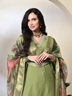 Myshka Women's Embroidered V-Neck Bell Sleeves Kurta & Salwar With Printed Dupatta Sets in Green Color