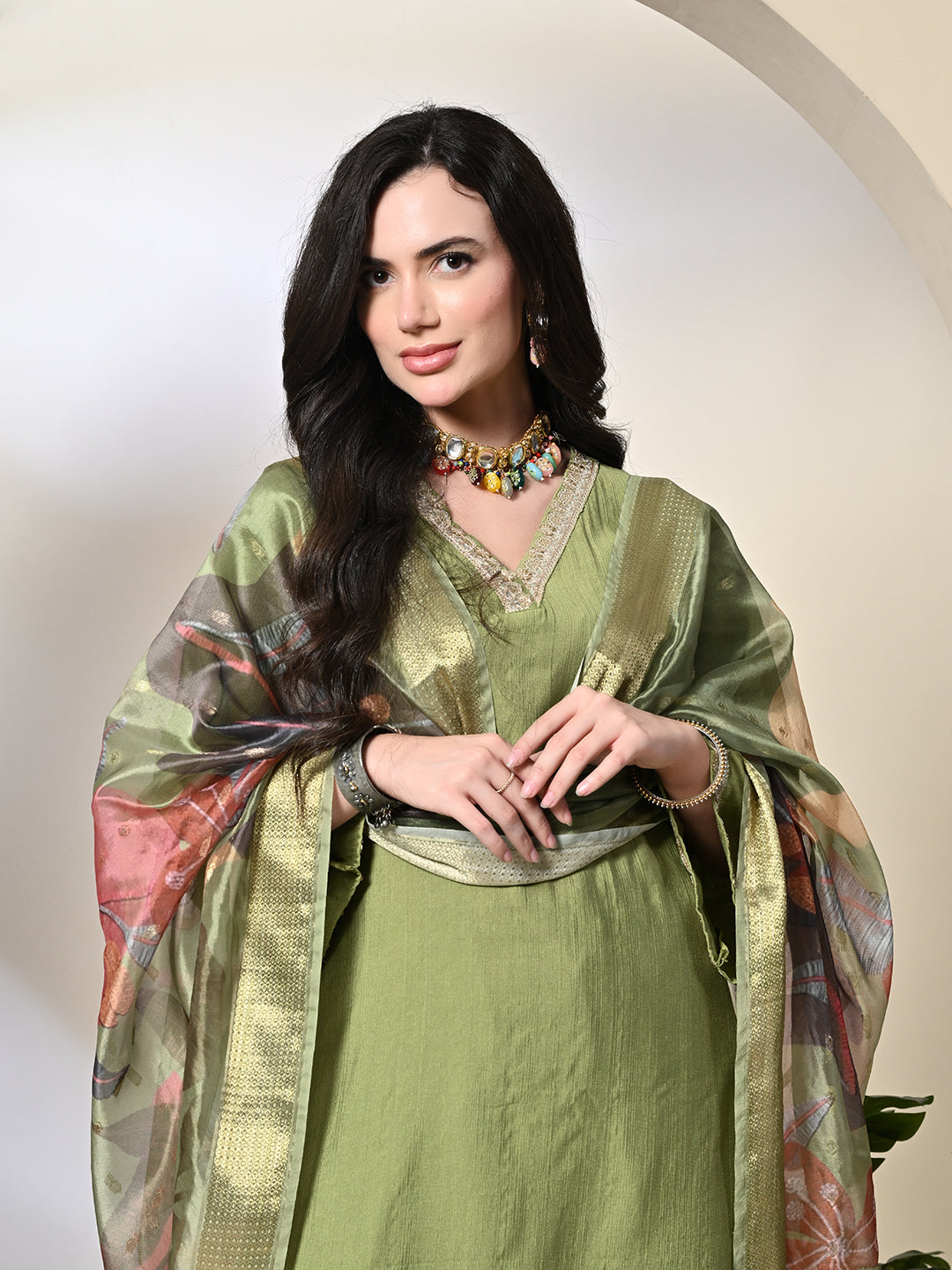 Myshka Women's Embroidered V-Neck Bell Sleeves Kurta & Salwar With Printed Dupatta Sets in Green Color