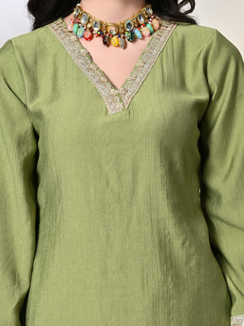 Myshka Women's Embroidered V-Neck Bell Sleeves Kurta & Salwar With Printed Dupatta Sets in Green Color