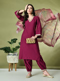 Myshka Women's Embroidered V-Neck Bell Sleeves Kurta & Salwar With Printed Dupatta Sets in Magenta Color