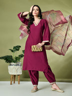 Myshka Women's Embroidered V-Neck Bell Sleeves Kurta & Salwar With Printed Dupatta Sets in Magenta Color