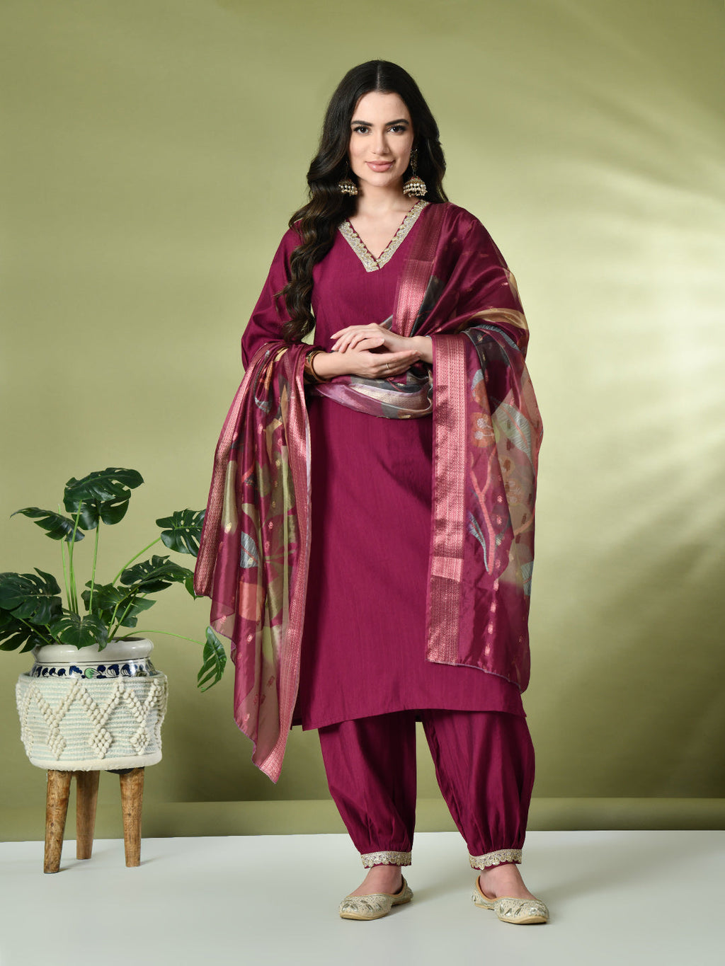 Myshka Women's Embroidered V-Neck Bell Sleeves Kurta & Salwar With Printed Dupatta Sets in Magenta Color