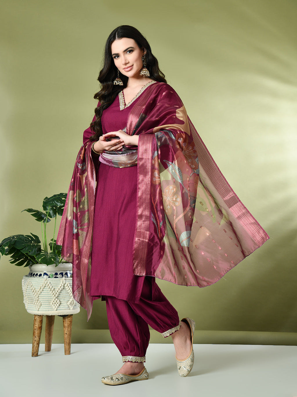 Myshka Women's Embroidered V-Neck Bell Sleeves Kurta & Salwar With Printed Dupatta Sets in Magenta Color