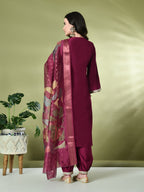 Myshka Women's Embroidered V-Neck Bell Sleeves Kurta & Salwar With Printed Dupatta Sets in Magenta Color