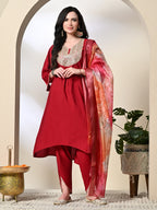 Myshka Women's Embroidered V-Neck Bell Sleeves Kurta & Dhoti Pants With Printed Dupatta Sets in Red Color
