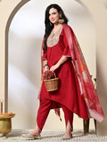Myshka Women's Embroidered V-Neck Bell Sleeves Kurta & Dhoti Pants With Printed Dupatta Sets in Red Color