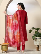 Myshka Women's Embroidered V-Neck Bell Sleeves Kurta & Dhoti Pants With Printed Dupatta Sets in Red Color