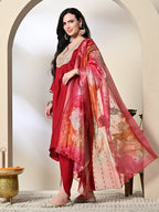 Myshka Women's Embroidered V-Neck Bell Sleeves Kurta & Dhoti Pants With Printed Dupatta Sets in Red Color